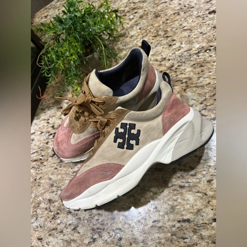 Tory Burch Good Luck Trainer Pink and Tan Sneakers 7.5